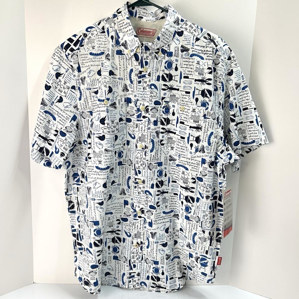 NWT Coleman BBQ Print Shirt Mens L White Blue Grill Recipe Camp Button 30UPF Dad